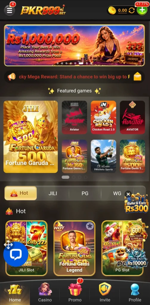 PKR999 Game Online dashboard showing wallet balance after Game Install