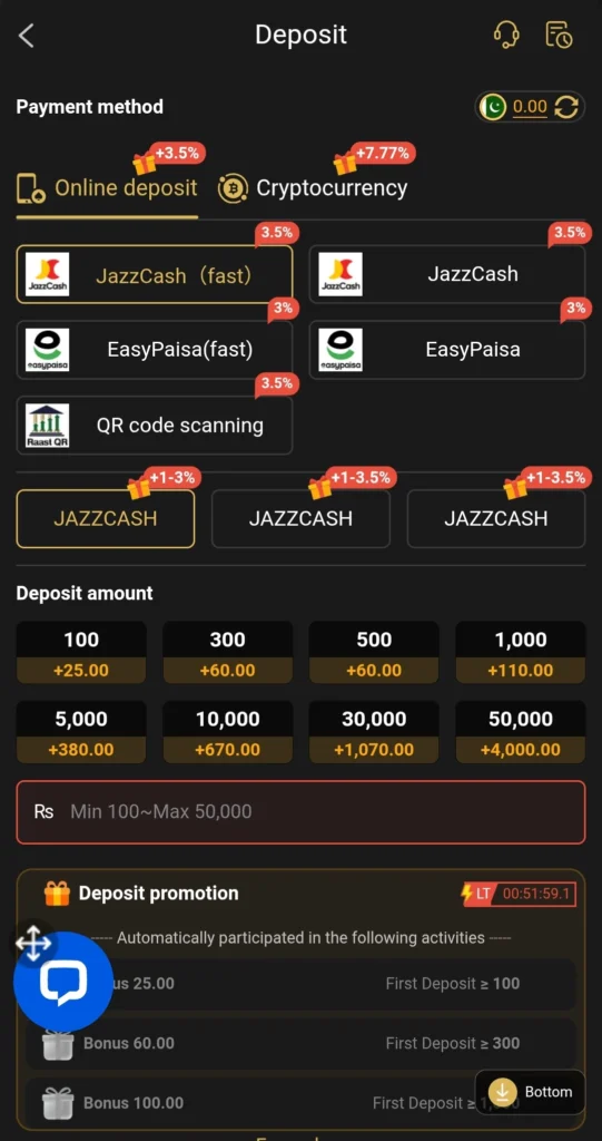 PKR999.com deposit page showing JazzCash EasyPaisa and crypto options