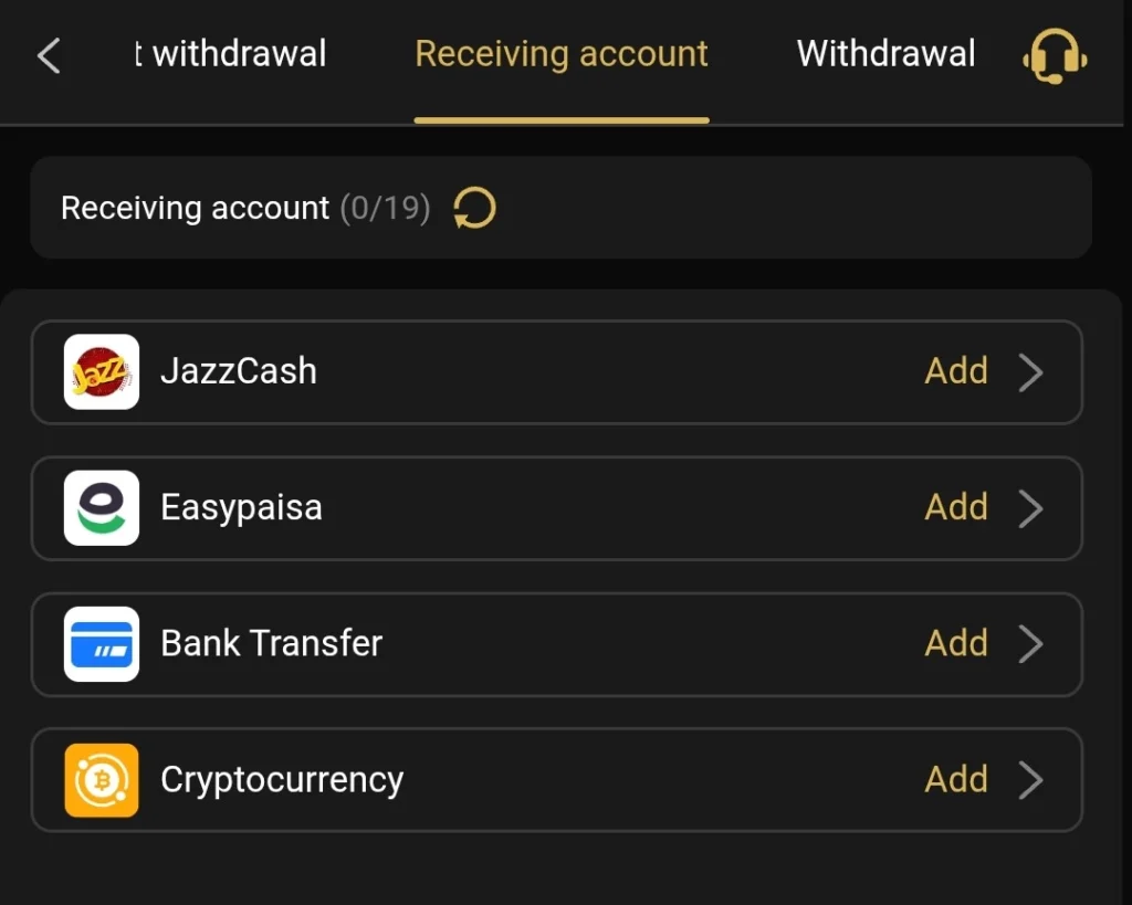 PKR999 APK withdrawal page showing four receiving account options
