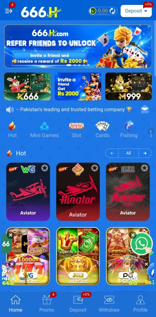 666H dashboard showing Hot games and Deposit button after install