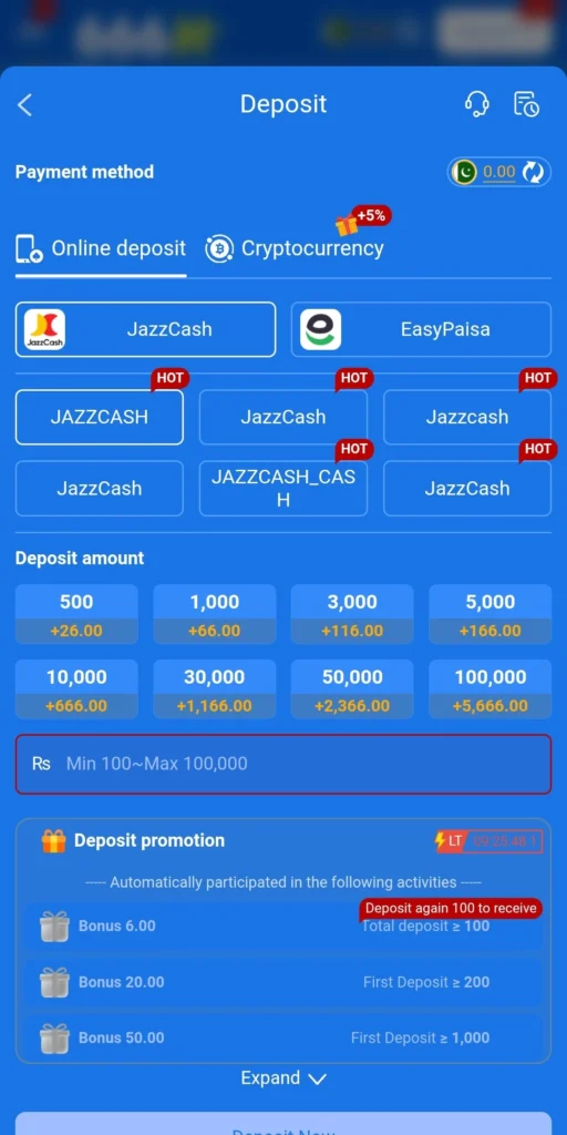 666H Deposit page showing JazzCash EasyPaisa and bonus tiers