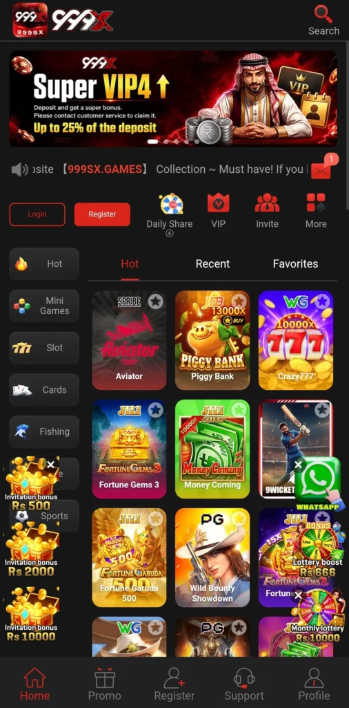 999XS Game dashboard showing wallet balance and Hot games row