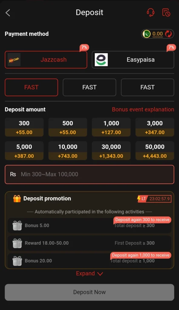 999S deposit page showing JazzCash EasyPaisa and bonus tiers
