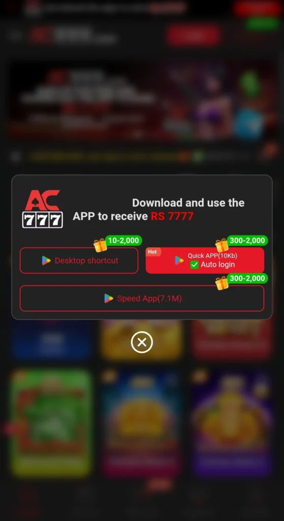AC777 APK install popup showing Desktop shortcut, Quick APP, and Speed App download options
