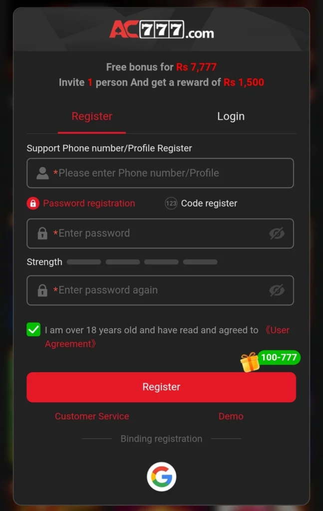 AC777 Registration form with phone number, password, and Google sign in option