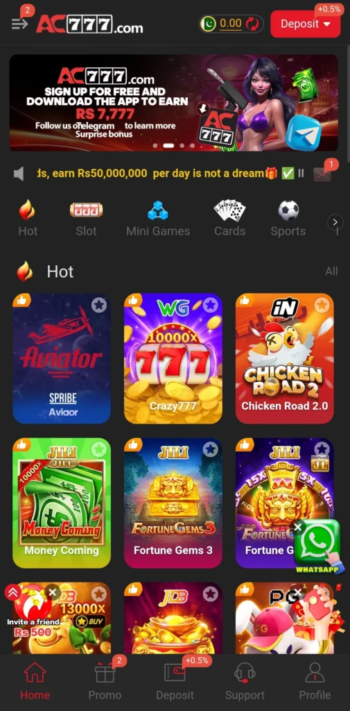 AC777 APK homepage showing the Hot tab and game categories