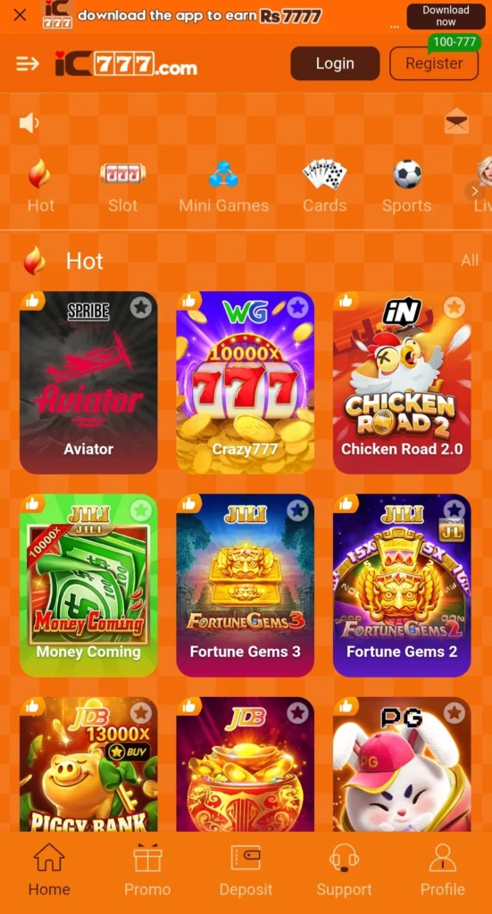 iC777 Game App homepage showing the Hot tab and top games