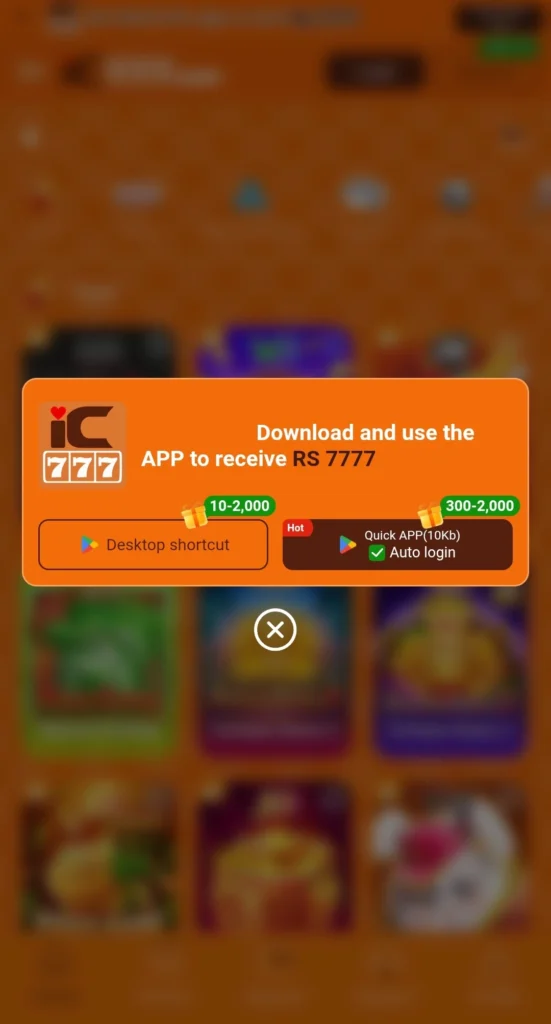 iC777 Game APK install popup showing Desktop shortcut and Quick APP download options