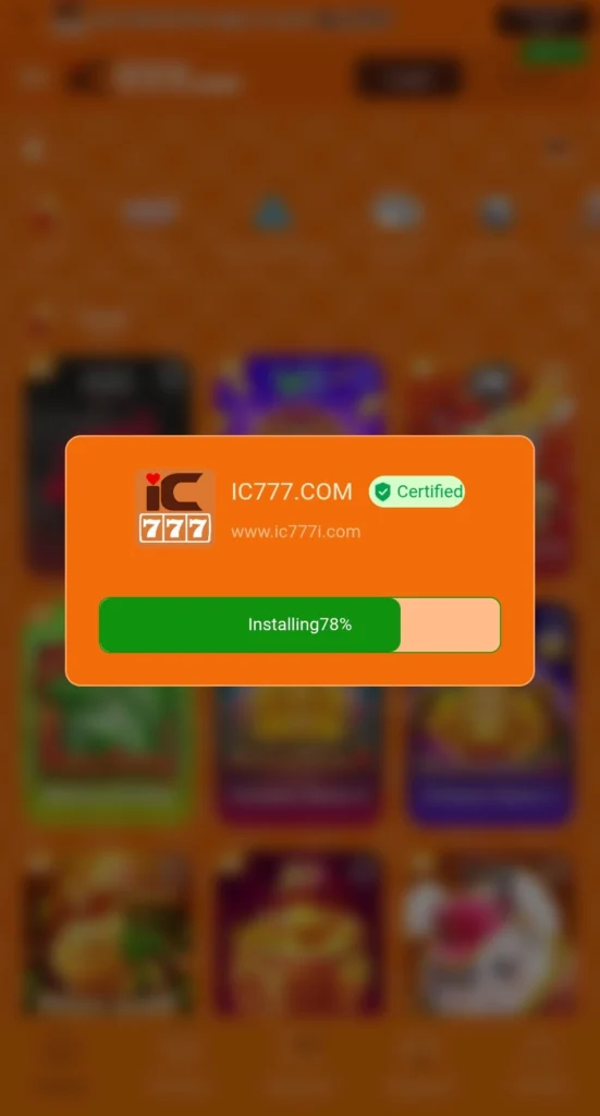 iC777 Game APK installing with a Certified badge shown mid download
