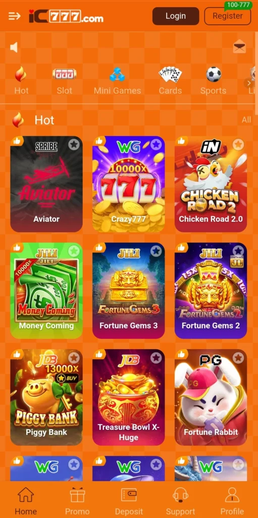 iC777 Game Register and Login buttons on the app homepage
