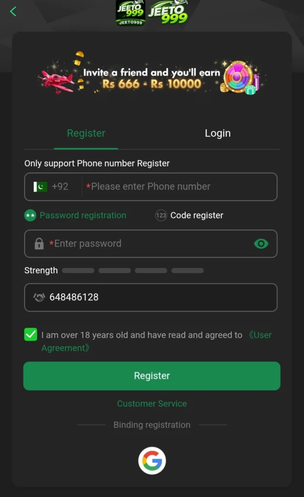 JEETO999 Register form with phone number, password, and referral code field