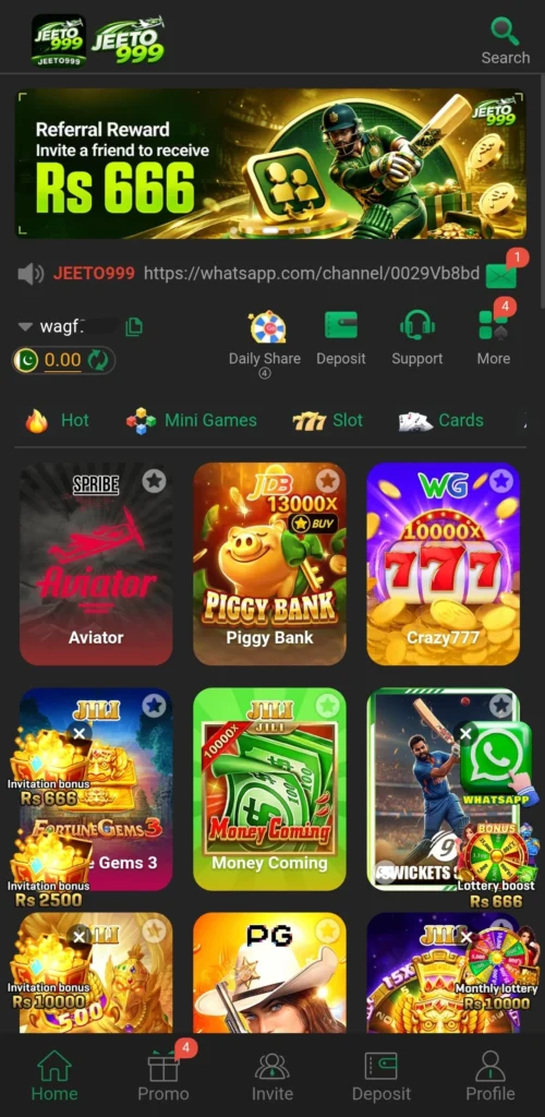 JEETO999 Login dashboard showing the Hot tab and referral code