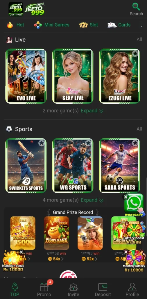 JEETO999 Game live dealer and sports tabs with a recent wins list