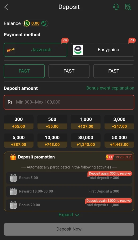 JEETO999 Deposit screen showing JazzCash, Easypaisa, and deposit bonus tiers