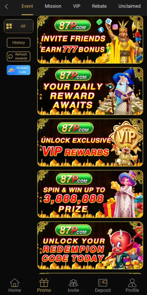 87P Game promo tab showing large cash envelope and cashback bonus banners