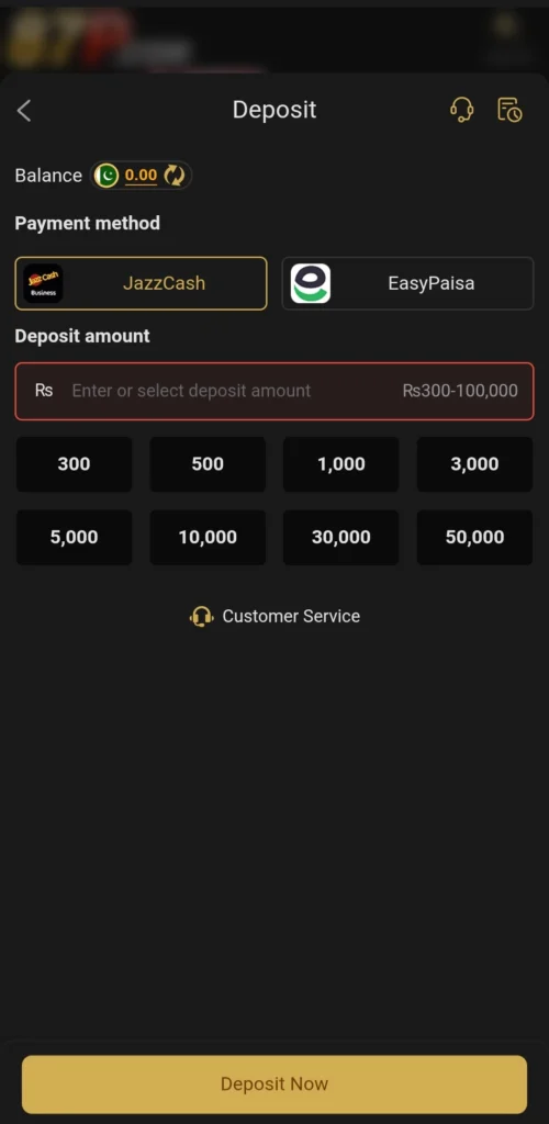 87P Deposit screen showing JazzCash and EasyPaisa with no bonus amounts on any tile