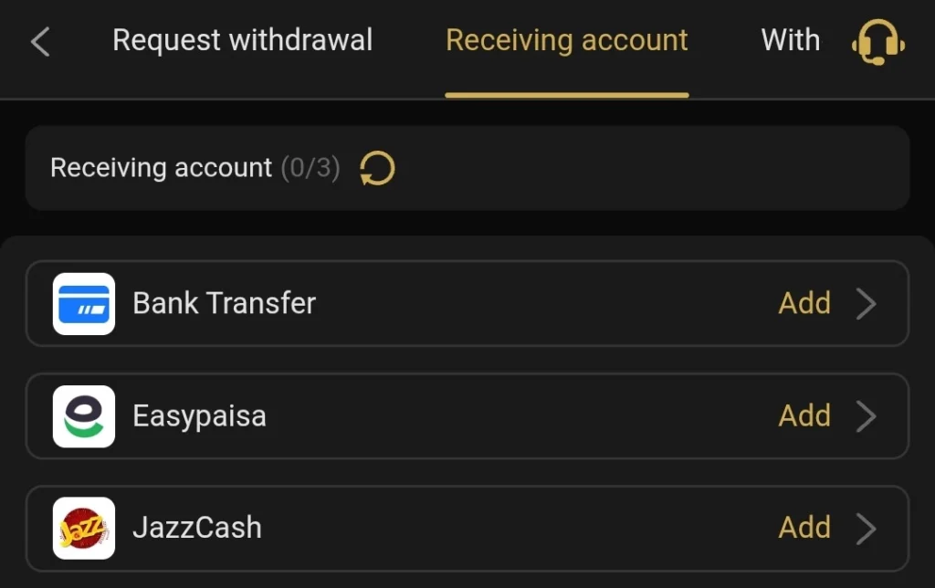 87P Withdraw screen showing Bank Transfer, Easypaisa, and JazzCash with a 3 account limit