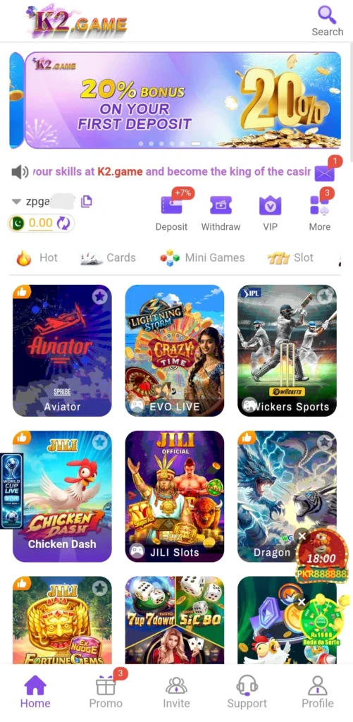 K2 Game online dashboard showing deposit, withdraw, and VIP options