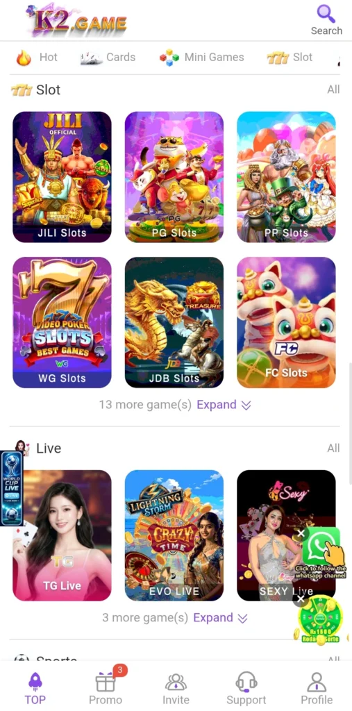 K2 App slots and live casino game selection screen