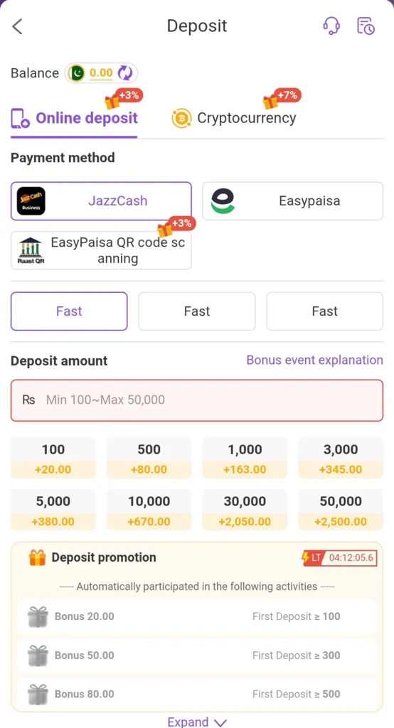 K2 Game login deposit screen with JazzCash and Easypaisa options
