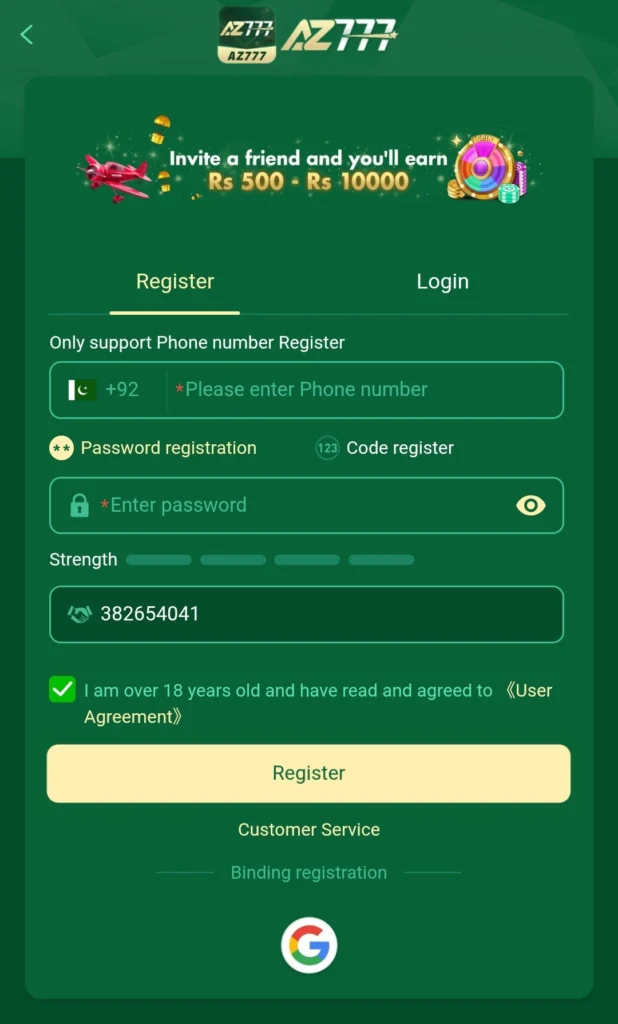 AZ777 Register screen showing phone number sign up and referral code field