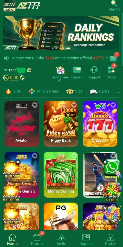 AZ777 Game homepage showing Login, Register, Daily Share, and VIP options