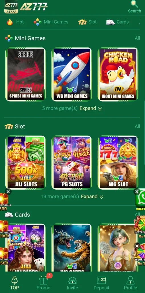 AZ777 Casino games screen showing Aviator, Piggy Bank, and Crazy777 slots