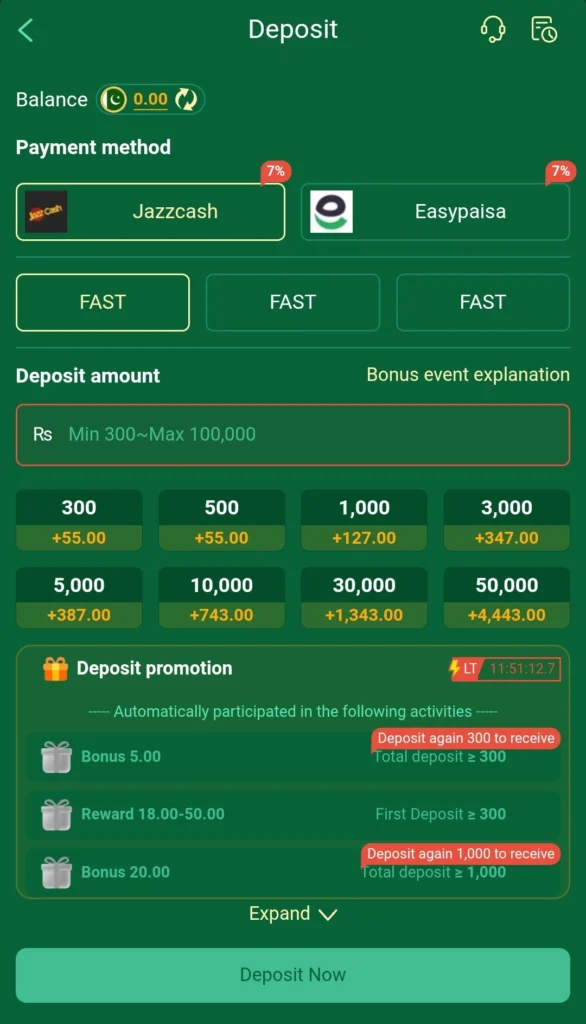 AZ777 deposit screen with JazzCash and Easypaisa payment options