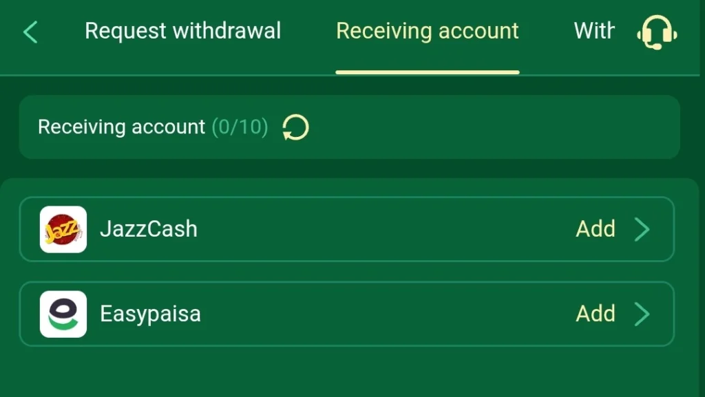 AZ777 APK withdrawal screen showing JazzCash and Easypaisa receiving accounts