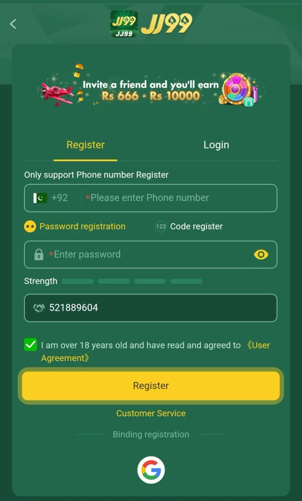 JJ99 Game link register screen showing phone number sign up and referral code