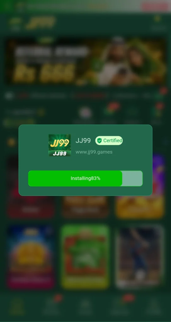 JJ99 Game APK install screen showing a Certified badge and installing progress bar