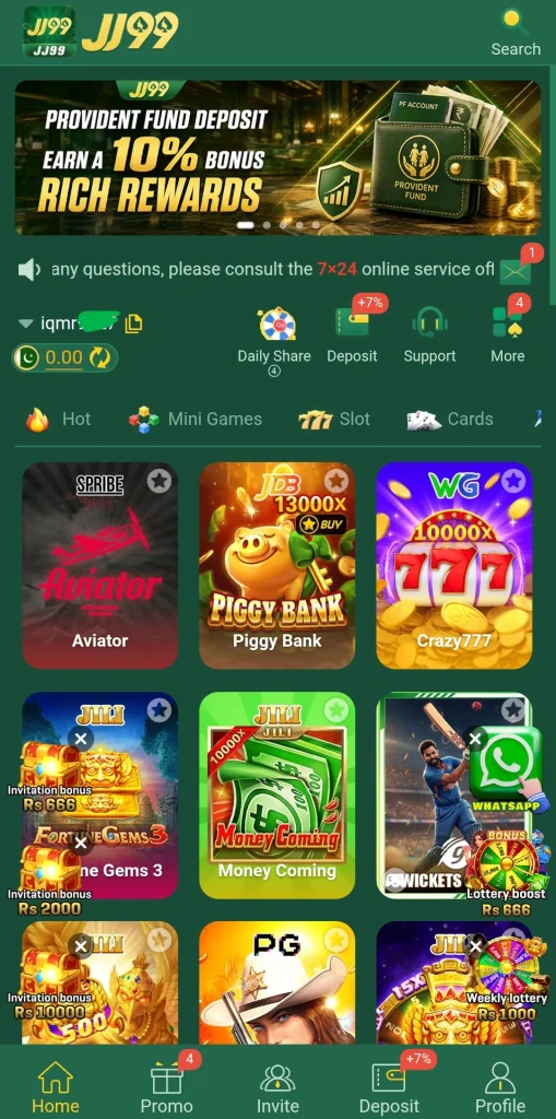 JJ99 Game Online homepage showing Daily Share, Deposit, and game tabs