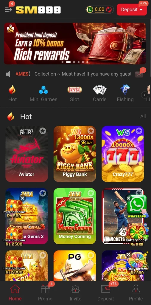 SM999 Game homepage showing Aviator, Piggy Bank, and Crazy777