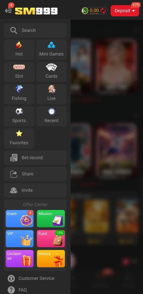 SM999 App sidebar menu showing game categories and Offer Center