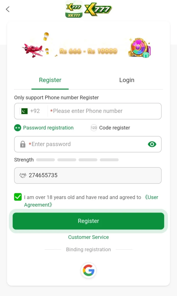 XK777 Login and register screen showing phone number sign up