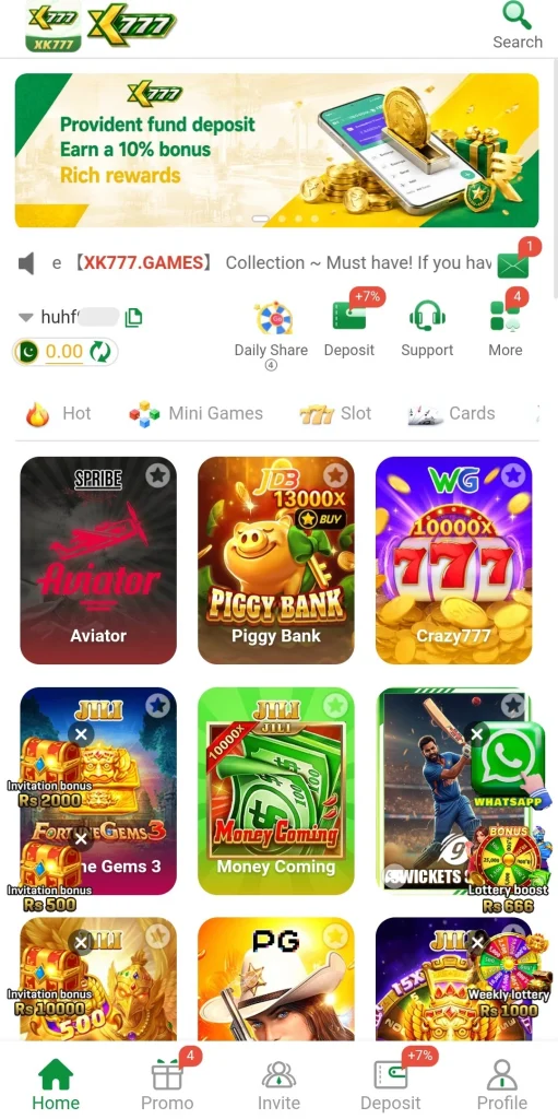 XK Game Online homepage showing Aviator, Piggy Bank, and Crazy777