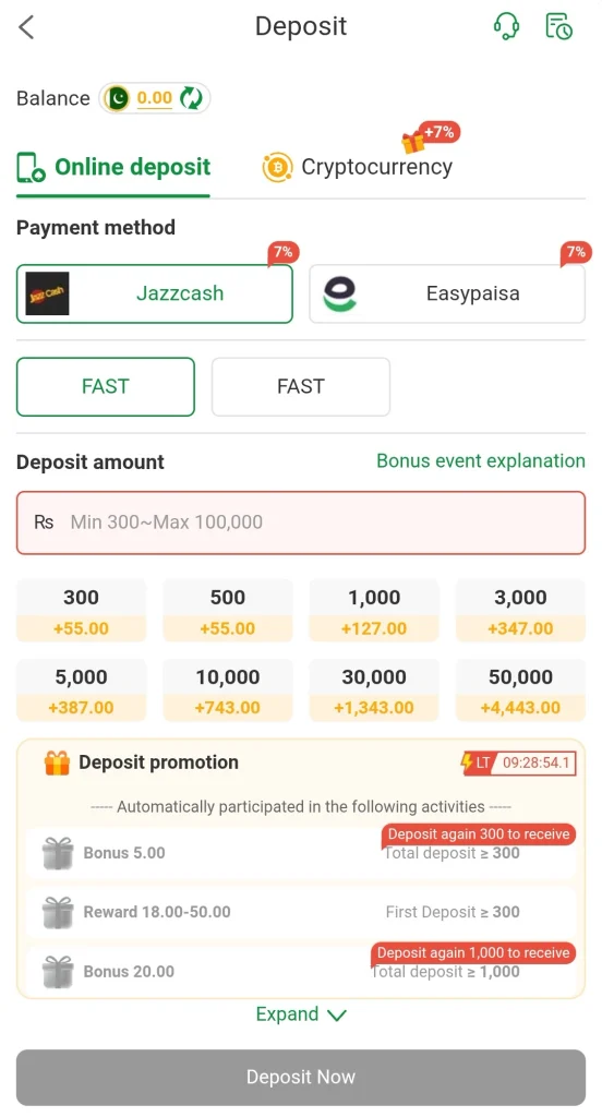 XK777 Game deposit screen with JazzCash and Easypaisa options