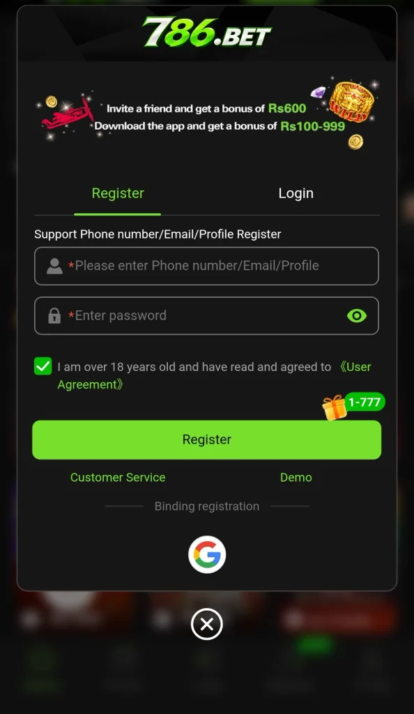 786BET Game register screen showing phone, email, or profile sign up