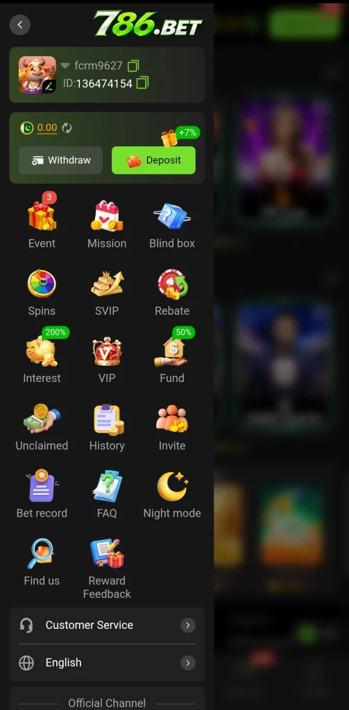 786 BET app sidebar showing Blind Box, SVIP, and Interest tiles