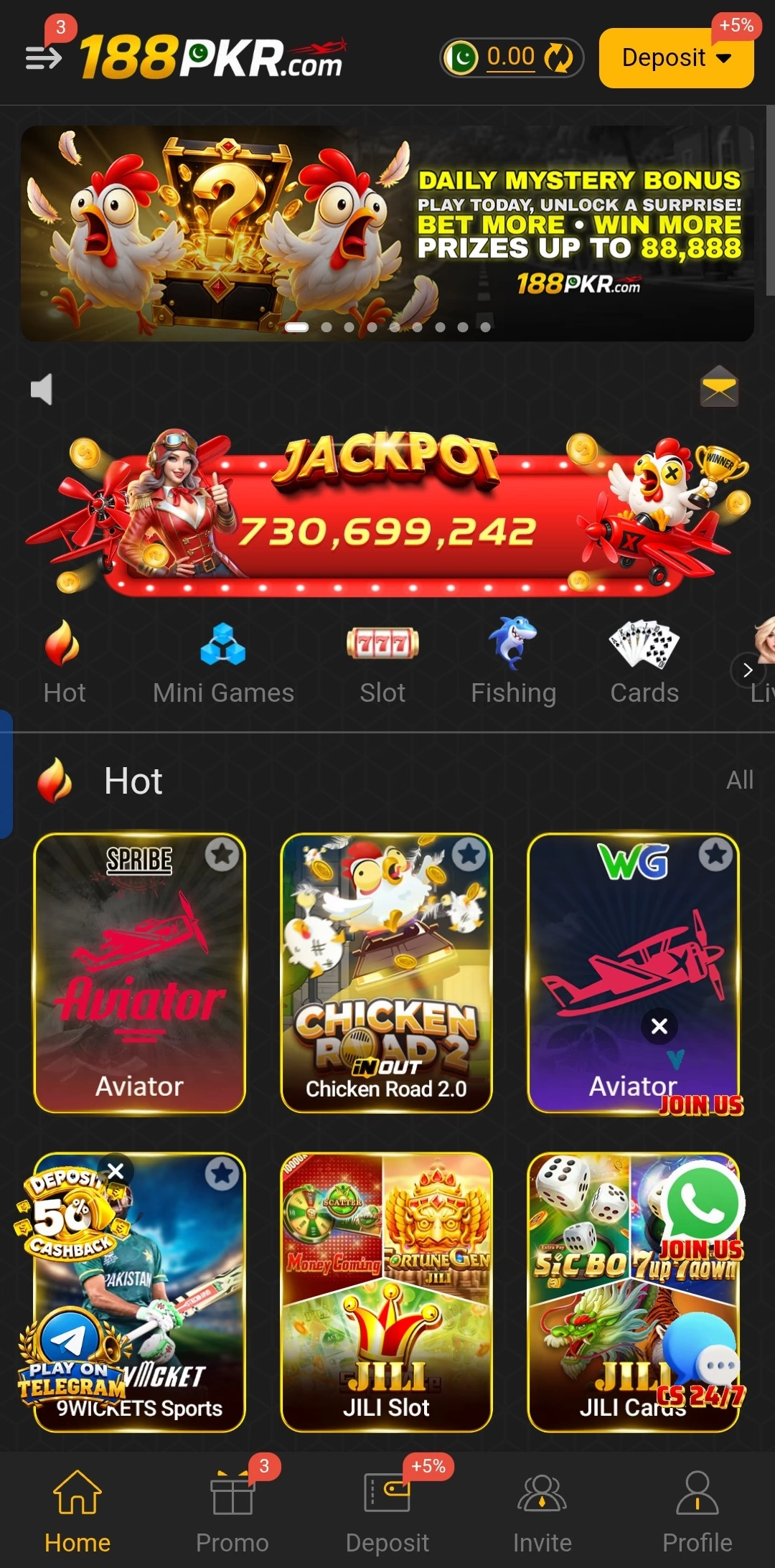 188PKR app home screen showing Hot tab games