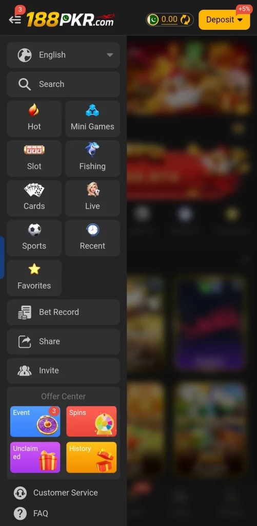 188PKR app side menu showing game categories and Offer Center