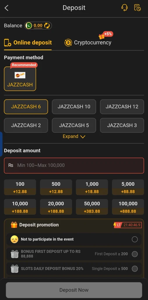 188PKR Game deposit screen with JazzCash payment method
