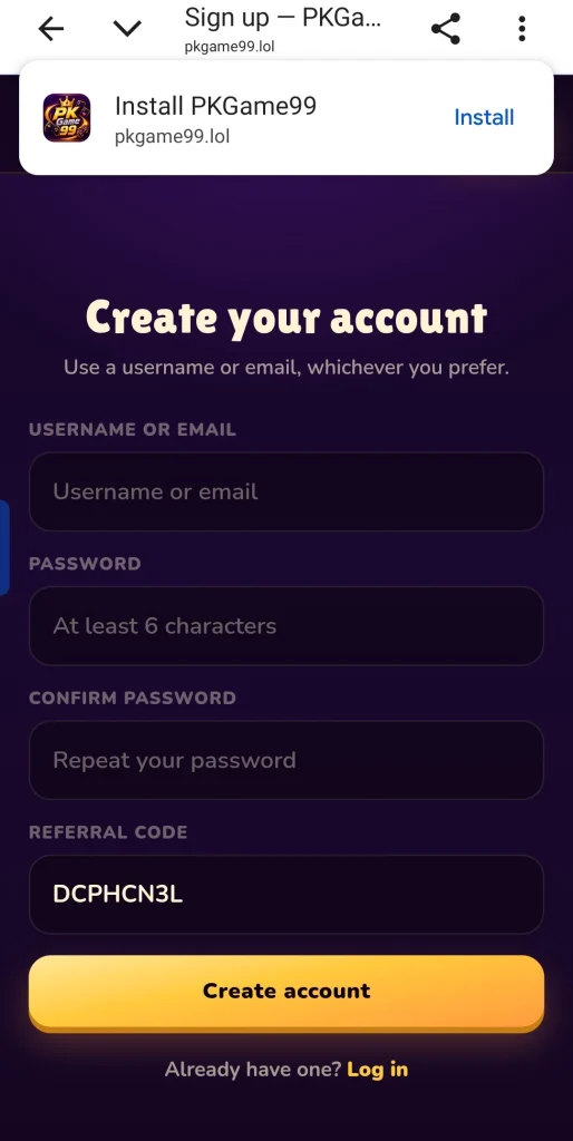 PKGame99 Install prompt shown in mobile browser