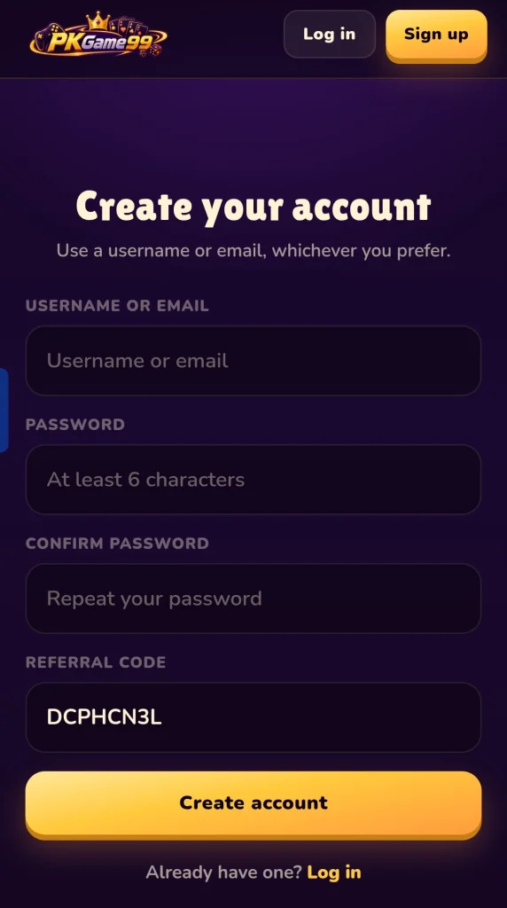 PKGame99 Register form with username and referral code