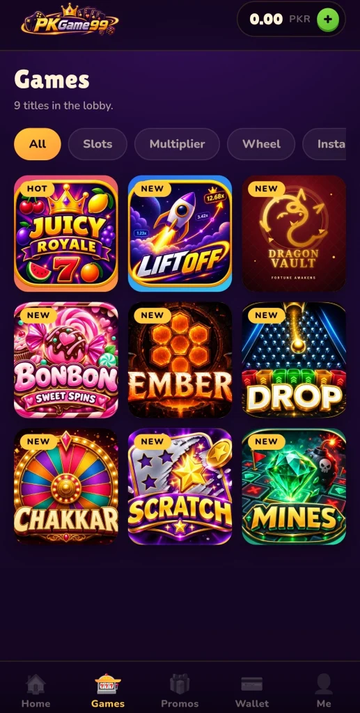 PKGame99 App games page showing all nine titles