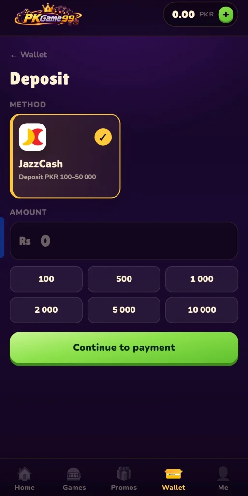 PKGame99 Login deposit page with JazzCash