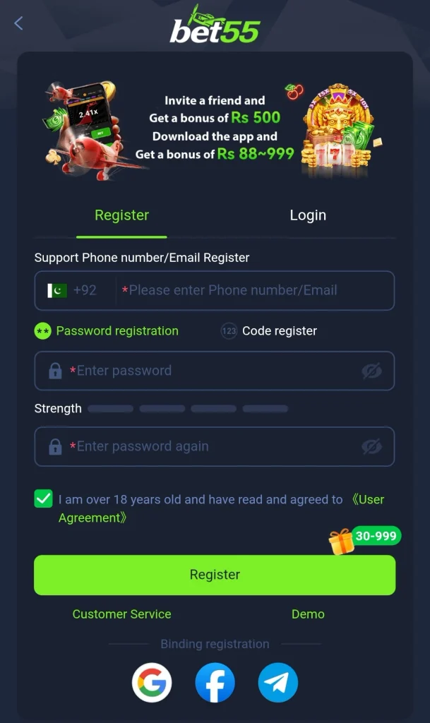 Bet55 Registration form with phone number and bonus banners
