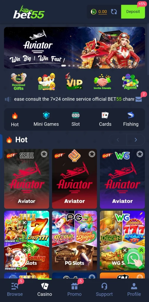 Bet55 Game home screen showing three Aviator games in the Hot tab