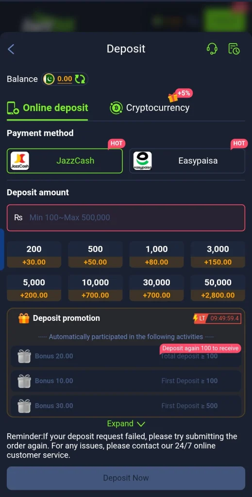 Bet55 Login deposit page with JazzCash and Easypaisa