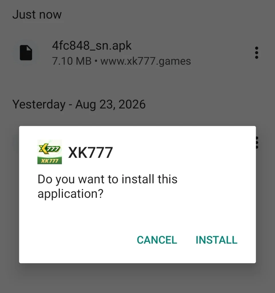 XK777 APK install prompt showing the generic file name 4fc848_sn.apk